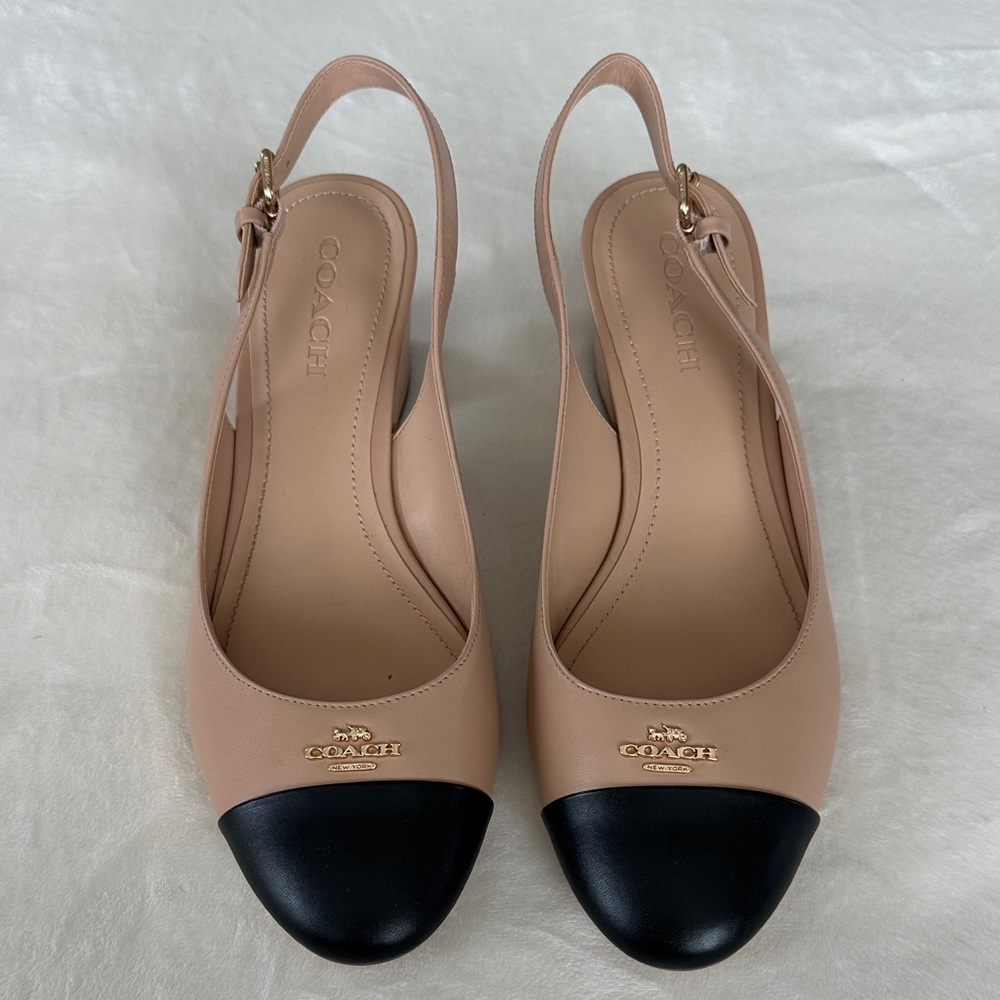 Coach Nude Black Cap Toe Erica Slingback Block Heel Pumps Women’s Size 10B - Picture 3 of 7